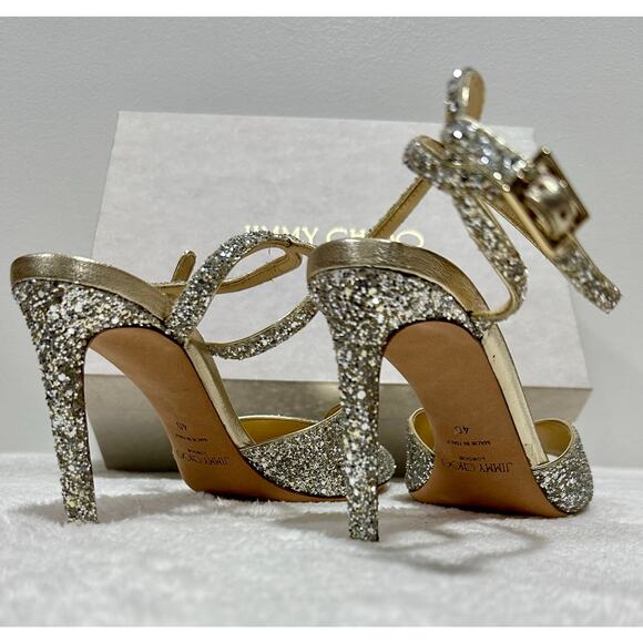 Jimmy Choo Women Sacora 85mm Glitter Sandals in Champagne - Picture 3 of 9